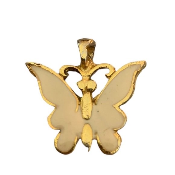 Vintage Goldtone Butterfly Pendant Ivory Enameled Small 1" - Picture 2 of 4